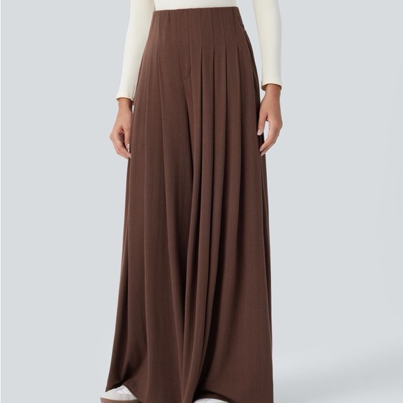 Halara Rib Knit Pleated Pallazo Brown Wide-Leg Pants - Picture 3 of 4